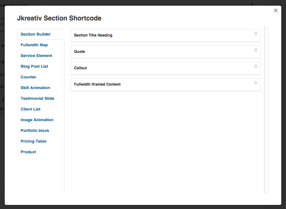 JKreativ Section Shortcode List